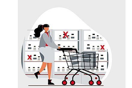 Bild im Comic-Stil, in dem eine Person mit einem Einkaufswagen zu sehen ist. Sie läuft an Regalen vorbei, in denen manche Produkte rot durchgestrichen sind.