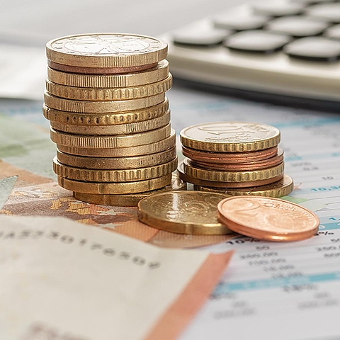Auf dem Foto ist Bargeld in Form von Scheinen und zwei Stapeln von Münzen zu sehen.