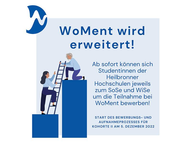 In der Abbildung ist ein ein Text von Wissensstadt Heilbronn zu sehen: "WoMent wird erweitert!", "Ab sofort können sich Studentinnen der Heilbronner Hochschulen jeweils zum SoSe und WiSe um die Teilnahme bei WoMent bewerben! Start des Bewerbungs- und Aufnahmeprozesses für Kohorte 2 am 5. Dezember 2022".