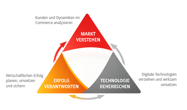 Drei Dreiecke mit dem Text Markt verstehen, Technologie beherrschen, Erfolg verantworten