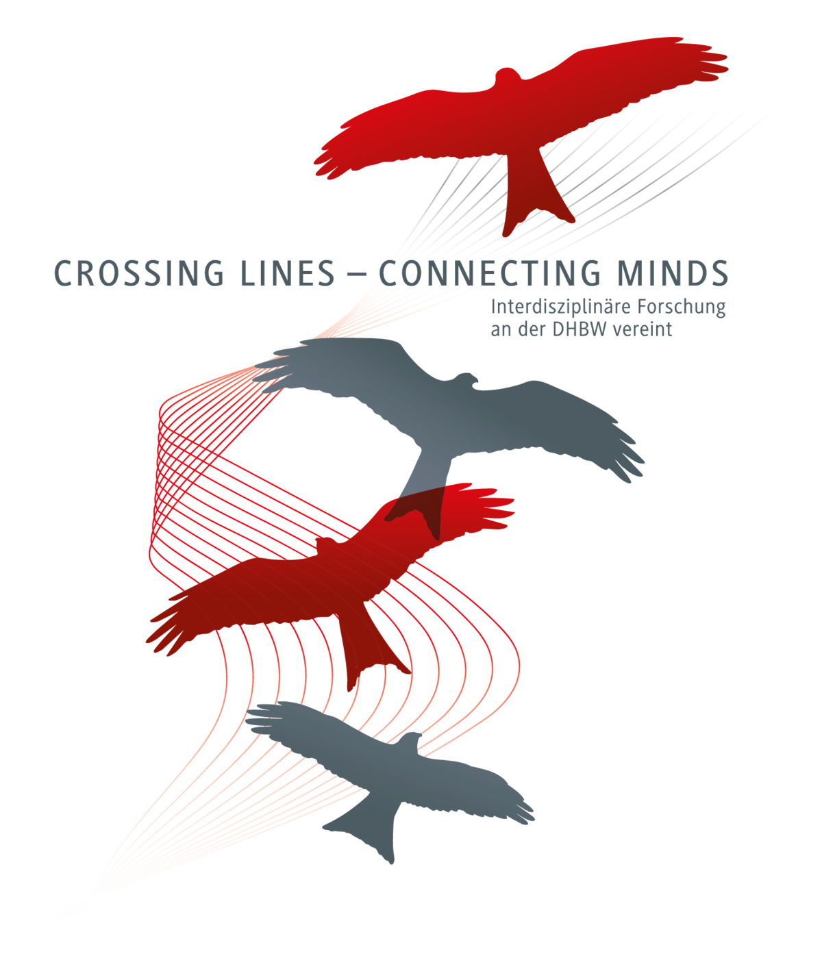 vier schatte von vögeln in rot und grau mit der schrift crossing lines, connecting minds
